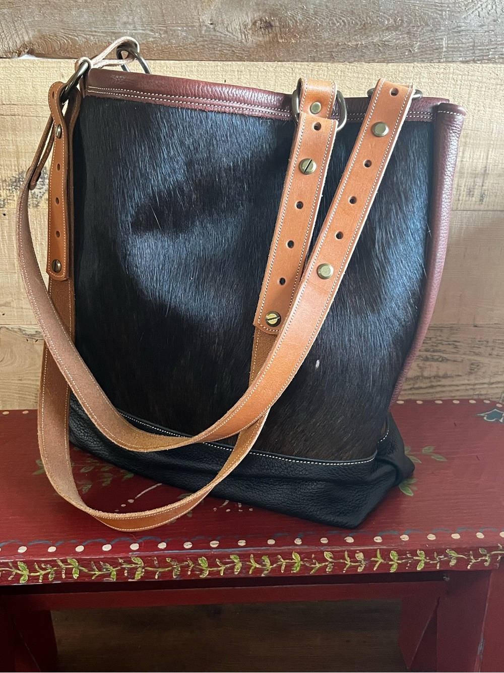 Custom Made Full Grain Leather Two-Tone Hair-on hide Tote Bag
